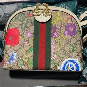 Gucci Beige Floral Crossbody Bag with Red and Green Stripe